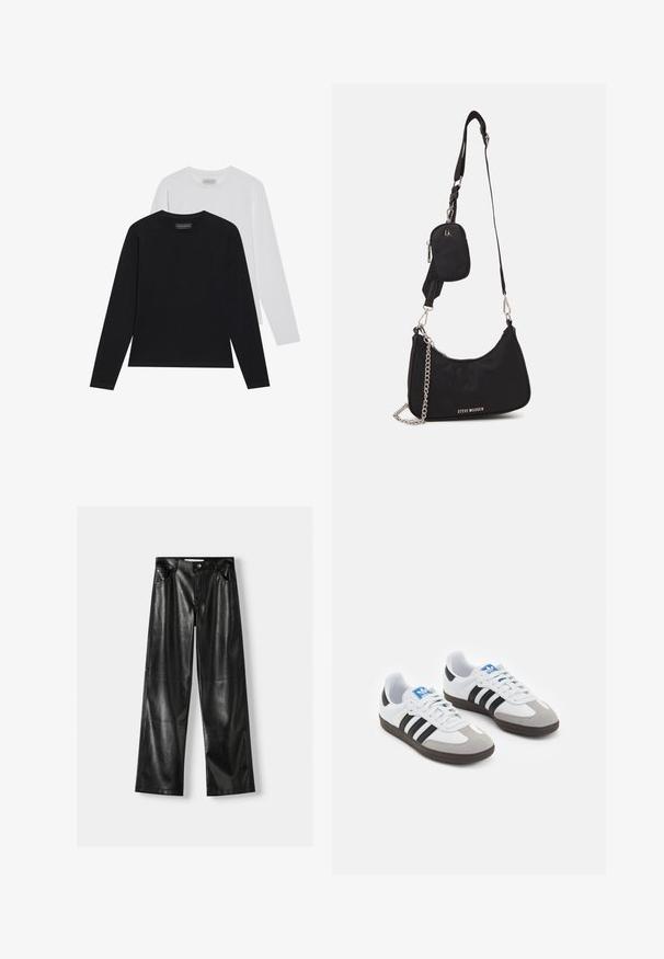 Dwie bluzki z długim rękawem: jedna czarna, a druga biała. Obie mają okrągły dekolt oraz gładką, żebrowaną teksturę. Metka marki widoczna wewnątrz dekoltu.; Czarne skórzane spodnie o szerokich nogawkach z błyszczącą teksturą, z dwoma przednimi kieszeniami, zapięciem na guzik oraz widocznymi detalami szwów.; Buty sportowe z białą skórzaną cholewką, szarym zamszowym noskiem i trzema czarnymi paskami. Posiadają niebieskie logo na języku oraz teksturowaną gumową podeszwę.; Czarna nylonowa torba na ramię o zaokrąglonym kształcie, z akcentem w postaci srebrnego łańcucha, odczepianą mini kieszonką i regulowanym paskiem; z logo "Steve Madden".; Dziesięć wyświetlanych srebrnych pierścionków. Wśród cech znajdują się masywna polerowana obrączka, warstwowy geometryczny wzór, zdobione oraz ozdobne style.