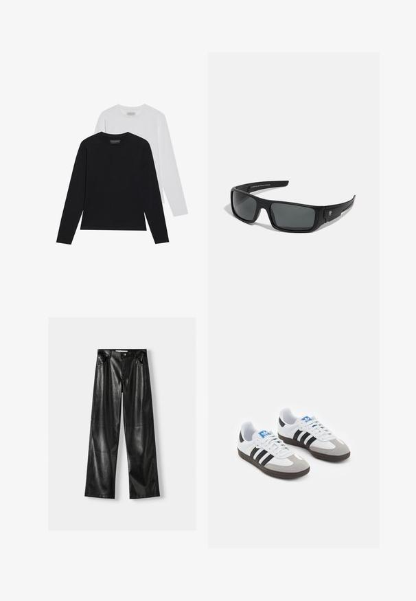 Dva dukserice s dugim rukavima: jedna crna i jedna bijela. Obje imaju okrugli izrez i glatku, rebrastu teksturu. Brend oznaka vidljiva unutar izreza.; Crne kožne hlače širokih nogavica s sjajnom teksturom, koje imaju dva prednja džepa, zatvaranje na gumba i vidljive šavove.; Sportske cipele s gornjištem od bijele kože, sivi suedinasti nos i tri crne pruge. Imaju plavi logo na jeziku i teksturiranu gumenu podlogu.; Crne sunčane naočale sa pravokutnim okvirom, tamno sivim lećama i glatkom plastičnom površinom. Značajan logo na strani.; Crna najlon torba za rame s zakrivljenim oblikom, srebrnim lančićem, odvojivom mini torbicom i podesivim remenom; sadrži logotip "Steve Madden".