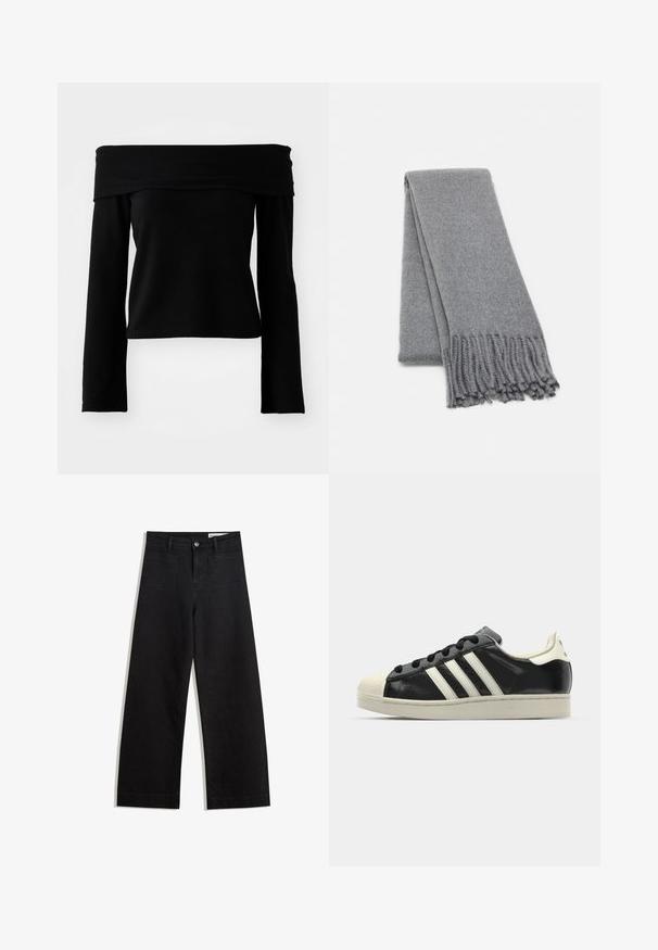 Čierny top bez ramienok s dlhými rukávmi vyrobený z mäkkého, textúrovaného materiálu, s širokým výstrihom a priliehavým strihom.; Čierne denimové nohavice s širokými nohavicami a vysokým pásom, so prednými a zadnými vreckami, šitými švami a zapínaním na gombík. Hladká textúra.; Čierne kožené tenisky s bielymi pruhmi, gumenou špičkou, čiernymi šnúrkami a krémovobielou podrážkou. Hladký povrch s lesklým finišom.; Sivá vlnená šatka s jemnou textúrou, s strapcovými okrajmi a jednoduchým dizajnom. Uložená pekne zložená, ukazujúca svoj predĺžený tvar.