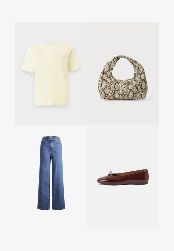 Īsām piedurknēm, apaļas kakla, vienkārša gaiši dzeltena unisex T-krekls, parādīts uz balta fona.; Gai zili džinsi ar platu kāju un augstu jostu, divas priekšējās kabatas un redzamu šuvju. Iekļauj pogas un rāvējslēdzēja aizdari.; Burgundijas laku ādas baleta kurpes ar noapaļotu purngalu, nelielu loku akcentu priekšā un zemu melnu gumijas zoli. Gluda tekstūra.; Čūsku raksta soma ar izliekto rokturi. Izgatavota no teksturētiem, bēšiem un brūniem materiāliem, ar izteiksmīgu dimanta rakstu.