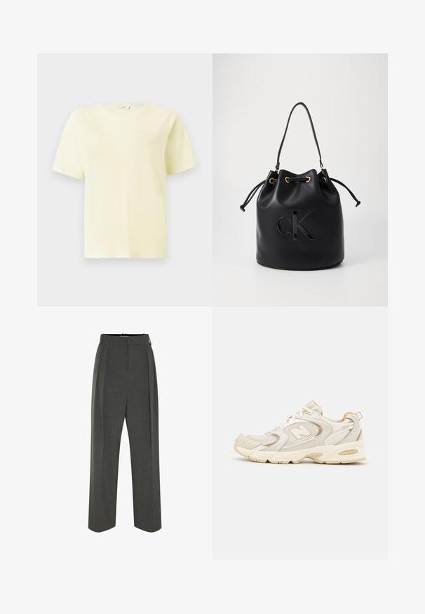 Korte mouwen, ronde hals eenvoudige lichtgele unisex T-shirt, weergegeven op een witte achtergrond.; Grijze wijde broek van gestructureerde stof, met een hoge taille en plooien aan de voorkant. Het ontwerp heeft een gladde tailleband en geen zichtbare sluitingen.; Beige sport schoenen met gaas- en synthetische overlays, voorzien van een textuur, een gevoerde kraag en "ABZORB" demping bij de hiel.; Zwarte leren emmer tas met trekkoord sluiting, voorzien van een glanzend "CK" logo aan de voorkant en gouden hardware accenten.