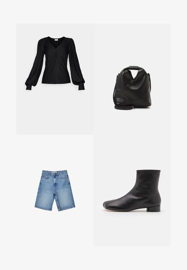 Top nero a maniche lunghe in morbido tessuto con scollatura a V, dettagli arricciati sul davanti e maniche a palloncino voluminose con polsini aderenti.; Top senza maniche bianco in cotone. Presenta un colletto a punta, un dettaglio con un fiocco laterale e una vestibilità leggermente ampia che si stringe in vita.; Shorts in denim blu chiaro, caratterizzati da un classico design a cinque tasche, chiusura con zip e leggero effetto sbiadito. Taglio dritto con bordi rifiniti.; MM6 Maison Margiela BOOT - Stivaletti - black; Borsa nera in pelle morbida con un design unico e attorcigliato. Presenta una maniglia corta e una tracolla removibile. Stile minimalista.