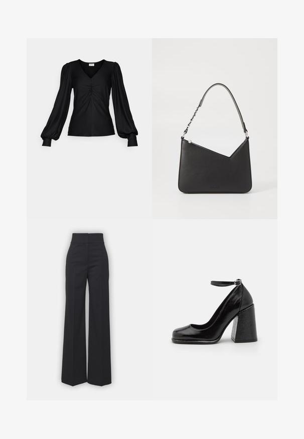 Svart langermet topp i myk stoff med V-hals, rynket detalj foran, og voluminøse puffermer med tettsittende håndleddskanter.; Bredde benbukser i svart stoff med høy midje, med en ren finish og glatt tekstur. Ingen synlige detaljer eller mønstre.; HUGO KIORA - Høye hæler - black; Svart lærveske med trekantet form, en slank stropp og sølvfarget detaljer. Har glidelåslukking og preget logo på forsiden.