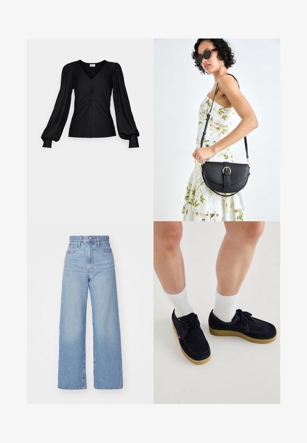 Melns garām piedikļiem tops, izgatavots no mīksta auduma, ar V veida izgriezumu, sakrāto detaļu priekšpusē un apjomīgām pūkainām piedurknēm ar pieguļošām plaukstu aprocēm.; Gaiši zili augstās jostas vidukļa platās bikses ar priekšējo pogu un rāvējslēdzēju, priekšējām un aizmugurējām kabatām uz baltā fona.; Tums zilas zamšādas kurpes ar apaļu purngalu, auklu aizdari un krēmkrāsas gumijas zoli. Apvienotas ar baltām ribotām apakšzālēm.; Melnas ādas rokassoma ar izliekta formu, noņemamu siksnu un zelta aksesuāriem. Somai ir vāciņš ar sprādzes detaļu.