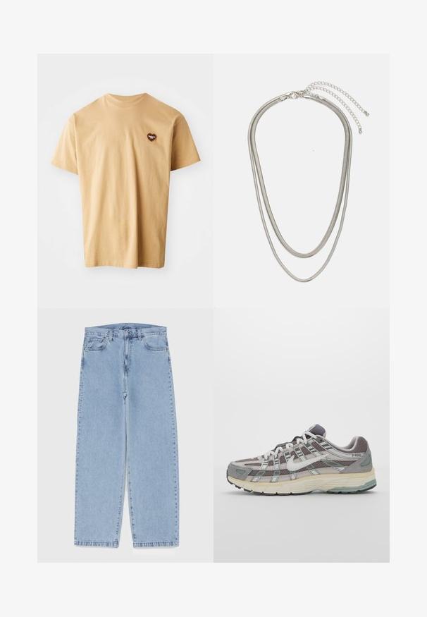 Béžové bavlnené tričko s krátkymi rukávmi, okrúhlym výstrihom a malým hnedým srdcovým logom na ľavej hrudi. Hladká textura, ležérny dizajn.; Svetlomodré denimové džínsy s rovnými nohavicami, s polovysokým pásom, piatimi vreckami a zapínaním na gombík a zips.; Šedá športová obuv so zvrškom z nylonu a semišu, bielymi akcentmi, polstrovanou podrážkou a jedinečným dizajnom s reflexnými prvkami.; Trojvrstvový náhrdelník zo strieborného kovu s elegantnými, flexibilnými reťazami s jemným leskom, zabezpečený sponou typu langusta a nastaviteľným reťazcom.