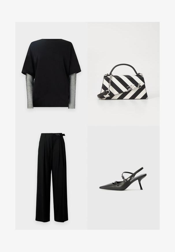 Fekete, rövid ujjú póló kerek nyakkal, fémlánc ujjakkal, amelyek gyémánt mintával rendelkeznek. Laza, sima pamut test, kényelmes fazon.; Fekete, bő szárú nadrág magas derékkal, elöl pliszírozva, és csattal ellátott övvel. Simább, könnyű anyagból készült.; Fekete bőrszíjjal ellátott magassarkú cipő, hegyes orral, karcsú sarkával és díszes csattal a vamp részén. Simás textúra és elegáns dizájn.; Fekete-fehér csíkos kézitáska, strukturált formával, felső fogantyúval, leválasztható lánc pánttal és fémes logóval.