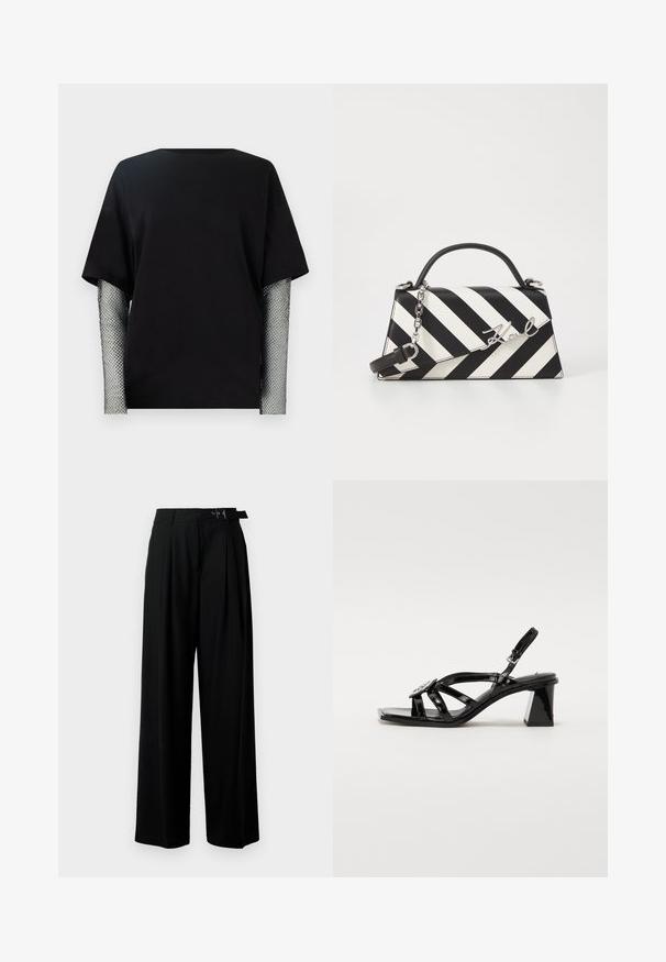 Must räbaline T-särk lühikeste varrukatega ja ümmarguse kaelusega, metallist kerge võrguvarrukatega, millel on teemantmuster. Sile puuvillane keha, mugav lõige.; Mustad kõrge vöökohaga mustad laiad püksid, millel on ees voldid ja vöö, millel on pandla. Valmistatud siledast ja kergest kangast.; Must musta nahk sandaalid kõrgel kontsal, avatud varbaga, laiad rihmad, reguleeritav kinnituse ja geomeetriline plokknina.; Mustriga musta ja valgega käekott, millel on struktureeritud kuju, pehme käepide, eemaldatav ahelriba ja metallist logo aktsent.