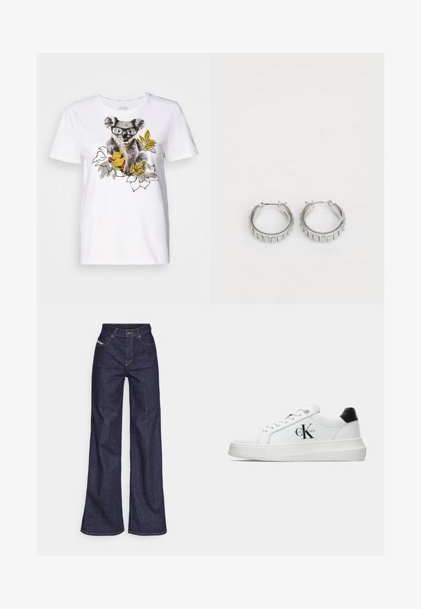 Balts kokvilnas t-krekls ar koalas grafiku brillēs un aksesuāros, ko ieskauj izzīmēti lapas un ziedi muted krāsās.; Tumši zili platleņķa džinsi no denima auduma ar augstu jostasvietu, ar oranžām šuvēm, piecu kabatu dizainu un pogu aizdari.; Baltā zema topa sporta apavas ar melnu papēža cilni, platformas zoli, auklēm un Calvin Klein "CK" logo sānos.; Sudraba gredzena auskari ar faktūras dizainu, kas ietver vertikālas rievas. Apaļa forma ar drošu aizdari. Gluda apdare.