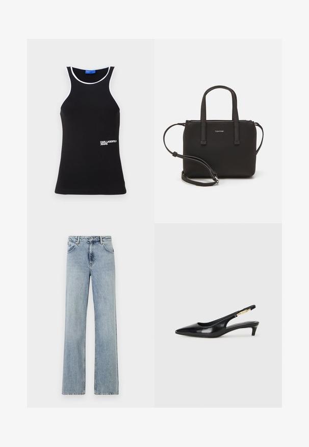 Črna brezrokavnik iz bombaža, ki se ponaša z belimi obrobami in belim logotipom "KARL LAGERFELD JEANS" na spodnjem levem delu.; Svijetloplave široke traperice. Imaju dugme i patent zatvarač, prednje džepove i suptilno istrošenost. Čiste ivice.; Črne usnjene sandale na peto z ostro konico, ki imajo tanko peto in zlat ton na nastavljivem traku. Gladka tekstura.; Črna torbica z dvema kratkima ročajema in odstranljivim naramnim trakom. Gladek usnju podoben material z zadrgo in podrobnostmi z logotipom.