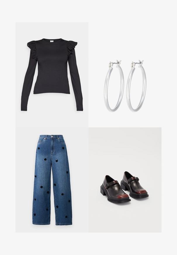 Juoda ilgomis rankovėmis marškinėliai su nėriniuoti kraštai ant pečių, pagaminti iš minkštos medžiagos, su apvali iškirpte ir prigludusia forma.; Platus džinsinis kelnės su mėlyna spalva ir juodais gėlių aplikacijomis, išsibarsčiusiomis per audinį. Charakterizuojamos aukštu liemeniu ir klasikiniu penkių kišenių dizainu.; Odiniai blokiniai kulniukai su blizgiu tamsiai rudų vyno atspalviu, su sagties dirželiu ir apvalia nosimi. Tekstūruotas padas geresniam sukibimui.; Sidabriniai auskarai su sklandžiu, poliruotu paviršiumi. Apvalios formos ir saugus uždarymo mechanizmas. Lengvas dizainas, tinkantis kasdieniam dėvėjimui.