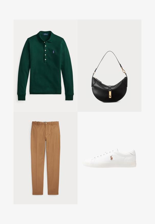 Polo verde de manga comprida feito de algodão. Apresenta uma gola dobrada, cinco botões na pala e um logótipo roxo no lado esquerdo do peito.; Calças de algodão castanhas com um design slim-fit, frente lisa e bolsos standard; textura suave e bainhas com acabamento.; Sapatilhas de couro brancas, design de cano baixo, com textura suave, biqueira redonda, atacadores à frente e um pequeno logótipo bordado na lateral.; Bolsa de couro preto em forma de meia-lua. Apresenta um detalhe em metais dourados e uma alça estreita. Textura suave, fechamento em zíper na parte superior.