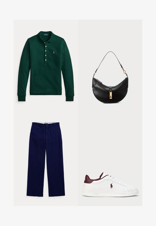 Žalia ilgomis rankovėmis medvilninė polo marškinėliai. Turi sulankstytą apykaklę, penkių mygtukų sagą ir violetinį logotipą kairėje krūtinės pusėje.; Tamsiai mėlynos tiesaus kirpimo kelnių su diržo kilpomis, mygtuko uždarymu ir šoninėmis kišenėmis ant vienodos šviesios fono.; Balti odiniai sportbačiai su bordo akcentais, apvaliu priekiniu skyriumi, iškilmingu logotipu ir lygiomis raištelėmis. Textūruotas padas ir lygaus paviršiaus detalės.; Juodos odos rankinė pusmėnulio forma. Papuošta auksinėmis detalėmis ir siaura juosta. Lygi tekstūra, užtrauktuko uždarymas viršuje.