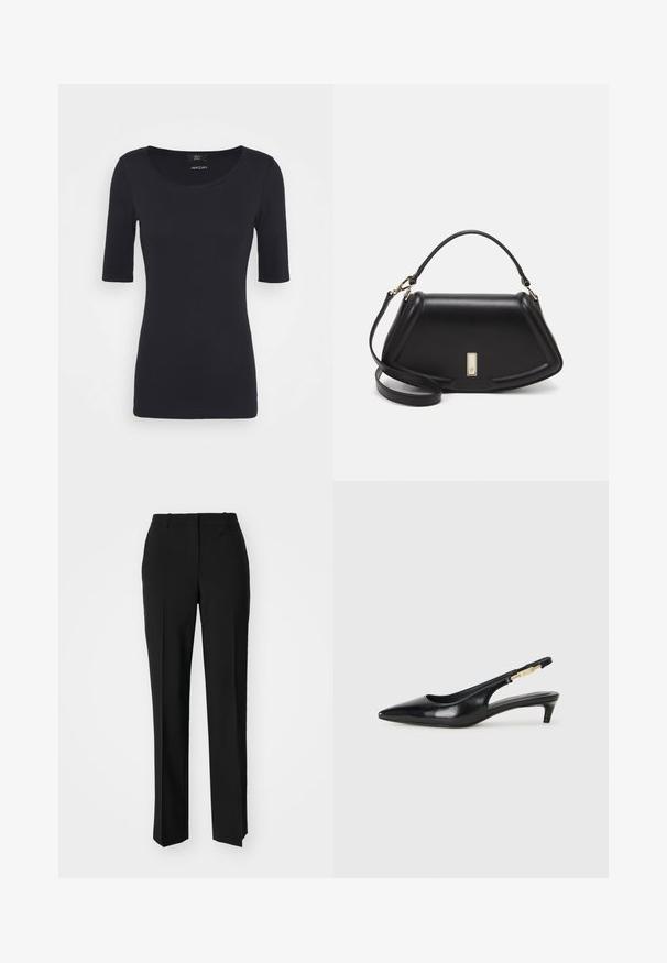 T-shirt noir ajusté en coton doux. Il présente un col rond et des manches courtes, avec une texture lisse et sans motifs visibles.; Pantalon noir ajusté avec une coupe droite, présentant une texture lisse et des plis nets sur le devant. Aucune quincaillerie visible.; Talons hauts en cuir noir avec un bout pointu, dotés d'un talon fin et d'un accent en ton or sur la lanière réglable. Texture lisse.; Sac à main en cuir noir avec un design structuré, featuring une forme cropped, une poignée supérieure et des accents en matériel doré. Bandoulière réglable incluse.