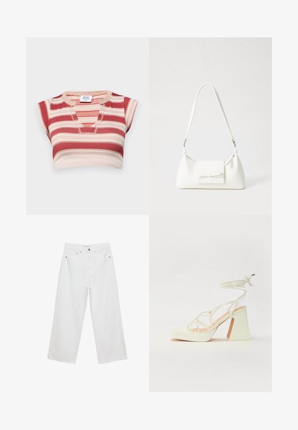 Prugasti kratki top u crvenoj i krem boji, s V-izrezom i kratkim rukavima. Izrađen od rebraste pletene tkanine s teksturiranim završetkom.; Bijele široke traperice s visokim strukom, s pet džepova i metalnim detaljima. Glatka tekstura, bez vidljivih uzoraka.; Bijela sandala na visokoj potpetici s debelim petom, s remenom i vezanjem oko gležnja. Glatka tekstura s platformom sprijeda za dodatnu visinu.; Bijela sintetička torbica s trokutastim oblikom, ravnim prednjim poklopcem i detaljem u obliku mašne, podesivom remenom, glatkom teksturom i minimalističkim dizajnom.