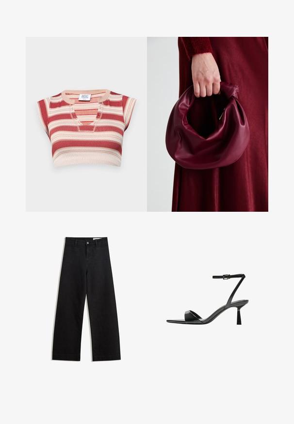 Prugasta majica na preklop v rdeči in kremni barvi, z V-izrezom in kratkimi rokavi. Narejena iz rebraste pletenine z teksturirano površino.; Črne široke denim hlače z visokim pasom, ki imajo sprednje in zadnje žepe, šivane šive ter gumbasto zapiranje. Gladka tekstura.; Bershka Sandali z visoko peto - black; Bordo usnjeni ročni torbici s mehak, nabrana zasnova in okrogla oblika. Ročaj je varen in prikazuje gladko teksturo.