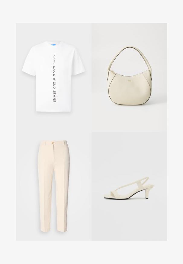 Hvit T-skjorte med korte ermer, med vertikal svart tekst "KARL LAGERFELD JEANS" sentrert på forsiden.; Kremfargede, høy-taljede bukser laget av teksturert stoff. Har lukking med frontknapp og avsmalnende ben.; Beige blokk-høydesandaler med tynne stropper og firkantet tå. Glatt materiale med minimale detaljer, designet for enkel bruk.; Kremfarget håndveske med teksturert overflate, buet form, kort håndtak og gullfarget logo. Glidelås lukking på toppen.