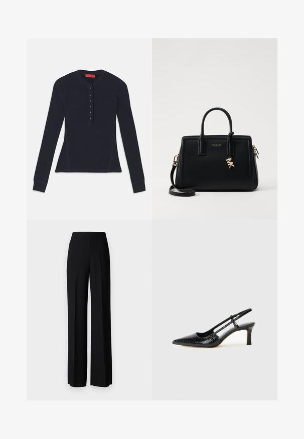 Duga majica s dugim rukavima u tamnoplavoj boji izrađena od mekanog materijala, sa dugmetima na prednjem dijelu s šest dugmadi i rebrastim manžetama.; Crne široke hlače s glatkom teksturom, s visokim strukom i središnjim pregibima. Nema vidljivih uzoraka ili hardverskih detalja.; Crne lakirane slingback pete s oštrim vrhom, s teksturiranim uzorkom zmijske kože, podesivom remenom i kratkom, teksturiranom blok-petom.; Crna kožna torba s strukturiranim dizajnom, dvostrukim gornjim ručkama, odvojivim remenom za rame, zlatnim detaljima i akcentom s logom.