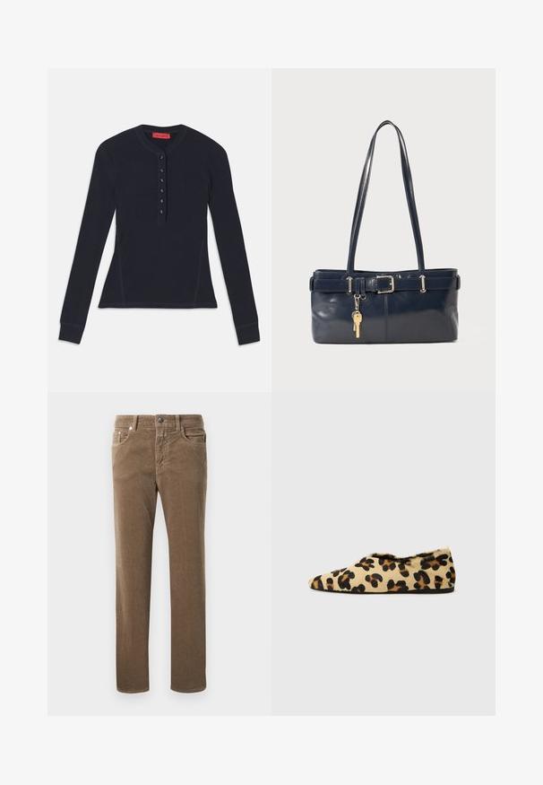 Hosszú ujjú sötétkék henley ing, puha anyagból készült, hat gombos gombolással és ribbelt mandzsettákkal.; Barna corduroy egyenes lábú nadrág elülső zsebekkel, övhurkokkal és gombos záródással fehér háttér előtt.; Puha szőrből készült leopárdmintás lapos cipők, hegyes orrú kialakítással és alacsony profilú megjelenéssel. Természetes árnyalatok fekete részekkel.; Sötétkék bőr kézitáska két hosszú fogantyúval, csattal díszítve és kulcstartóval. Simává polírozott textúrával és téglalap alakú dizájnnal rendelkezik.