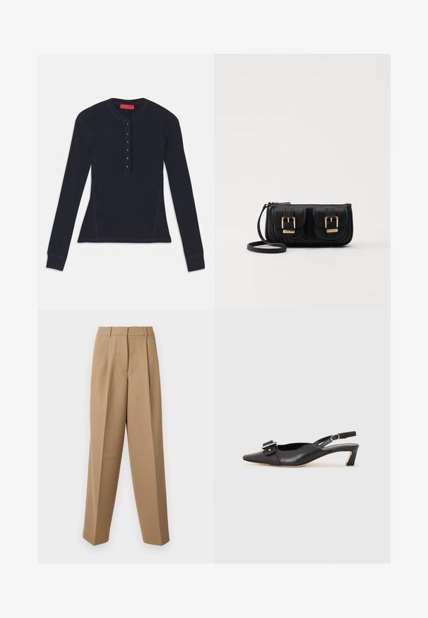 Cămașă henley cu mâneci lungi, de culoare bleumarin, confecționată din materiale moi, având un sistem de închidere cu șase nasturi și manșete ribbate.; Pantaloni bej, croiți, cu talie înaltă, față pliseată și croi larg. Materialul pare neted, cu un ușor luciu.; Pantofii negri din piele cu toc mic, vârf ascuțit și detaliu decorativ cu cataramă pe partea superioară. Textură netedă, design minimal.; Geantă neagră din piele, tip crossbody, cu două buzunare frontale, catarame aurii, închidere cu fermoar și o curea subțire. Suprafață texturată și formă rectangulară compactă.