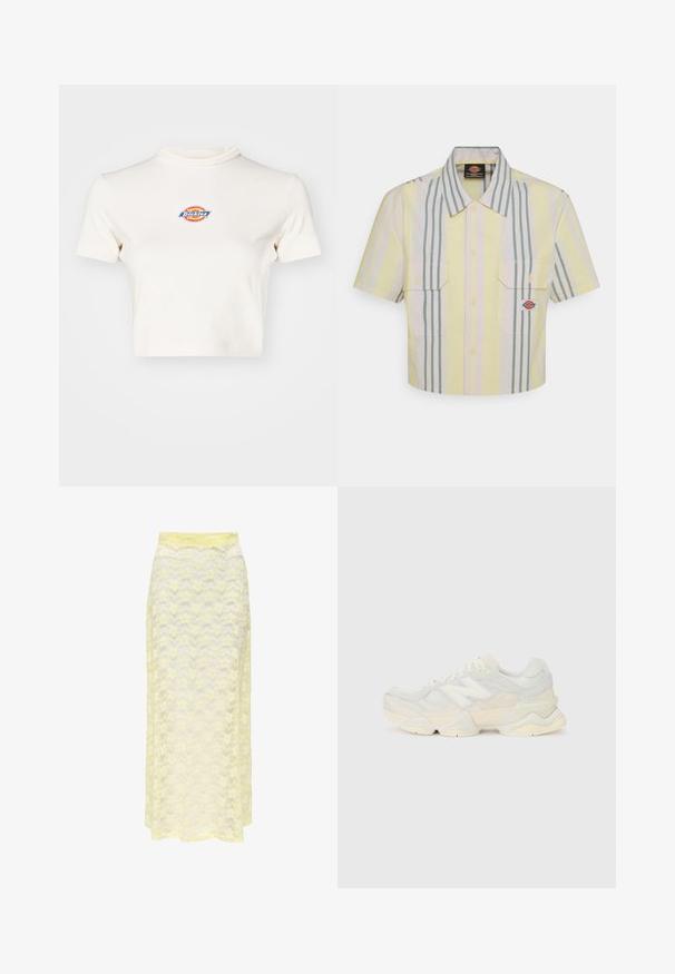 Elfenbensfarvet cropped t-shirt med høj hals, korte ærmer og et cirkulært logo med "Dickies" i blå, rød og gul.; Kraftig kortærmet skjorte i lysegul med lodrette grønne og pastelfarvede striber. Har to brystlommer og et logo-patch på venstre lomme.; Gul blonde maxiskørt med et bølget mønster, der har en glat talje og blød, gennemsigtig struktur. Designet til en let og svajende silhuet.; Letvægtssneakers med en overdel i mesh og ruskind i bløde cremetoner, med en kraftig sål og tredimensionelle accenter.