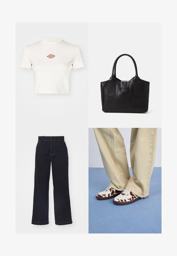 Krémové skrátené tričko s vysokým výstrihom, krátkymi rukávmi a kruhovým logom s nápisom "Dickies" v modrej, červenej a žltej farbe.; Tmavo modré nohavice s širokými nohavicami z bavlny s vysokým pásom, s kontrastným bielym prešívaním a čista, jednoduchá dizajnom.; Biele a hnede vzorované tenisky z mesh a kože, s hnedými gumovými podrážkami. Skombinované so svetlobežovými voľnými nohavicami.; Čierna kožená taška s hladkou textúrou, štruktúrovaným tvarom, dvoma uchami a výrazným strieborným prackovým detailom na prednej strane.