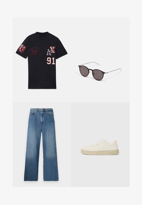 Camiseta de algodón negra con gráficos bordados, que incluyen "AX" y "91" en blanco y rojo, así como una insignia con "A/X 91" en la manga.; Jeans de denim azul de pernera ancha con un diseño clásico de cinco bolsillos, cierre frontal con botón y un ligero desgastado para dar textura.; Zapatillas de lona blancas con suela de goma texturizada, que cuentan con una puntera cosida y un acento de logo en el talón. Diseño simple de cordones.; Gafas de sol redondas negras con lentes oscuros y brazos metálicos delgados. Incluye puntas de varilla transparentes y acentos plateados en la bisagra. Diseño minimalista.