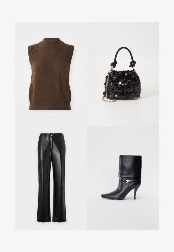Brown sleeveless knit top featuring a high neck, ribbed texture, and side panel accents. Soft wool blend material with a fitted silhouette.; Black leather pants with a straight leg design, featuring a front button closure, belt loops, and a smooth, polished texture.; Black leather ankle boot with a pointed toe, high stiletto heel, fold-over cuff, and a gold decorative buckle detail on the ankle.; Black sequin mini handbag with a knotted textured strap and silver chain. Rounded shape with gathered top and reflective detailing.