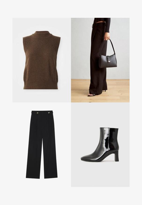 Brown sleeveless knit top featuring a high neck, ribbed texture, and side panel accents. Soft wool blend material with a fitted silhouette.; Black wide-leg trousers with high waist, button details on waistband, and front pleats.; Black patent leather ankle boot with a pointed toe and a mid-height block heel. Smooth texture and minimalist design.; Black handbag with structured shape, smooth texture, and a metallic clasp. Paired with wide black pants and open-toe sandals on wooden floor.