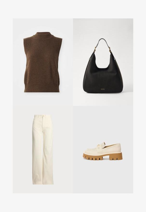 Brauner ärmelloser Stricktop mit Stehkragen, gerippter Textur und seitlichen Panelelementen. Weiches Wollmischmaterial mit einer figurbetonten Silhouette.; Polo Ralph Lauren COTTON CORDUROY WIDE-LEG PANT - Stoffhose - warm white; Beige Slipper mit einem strukturierten cremefarbenen Riemen, ausgestattet mit einer markanten braunen Sohle mit zahnartigen Mustern. Goldakzent an der Schnallen-Detail.; MICHAEL Michael Kors NOLITA HOBO  - Handtasche - black