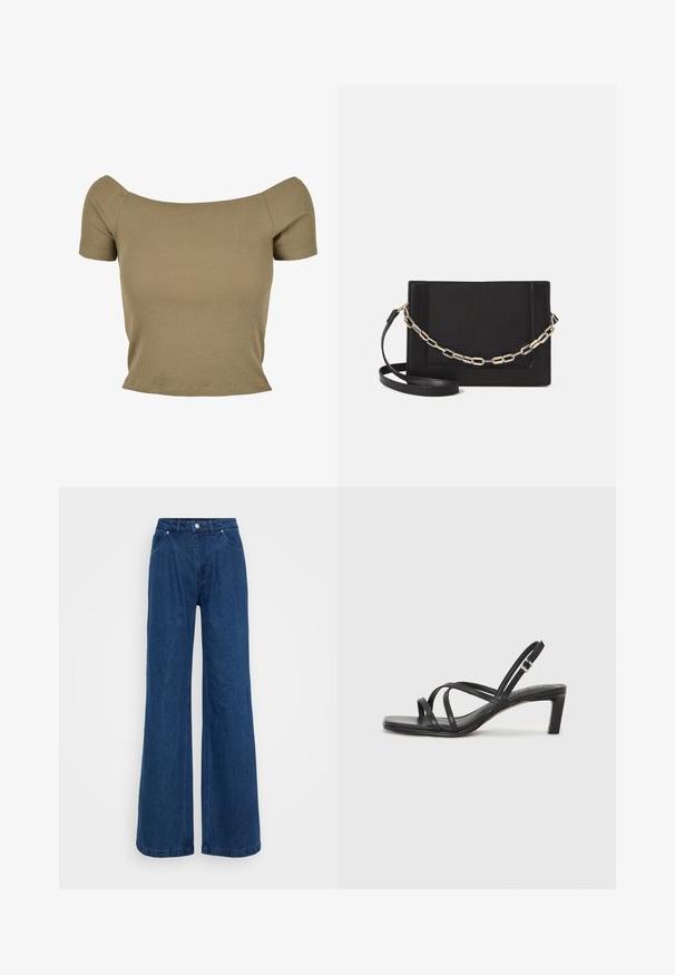 Olive green ribbed short-sleeve top with an off-the-shoulder design and a fitted silhouette, featuring a smooth texture and clean edges.; Wide-leg blue denim jeans with a high waist, front button and zipper closure, and front and back pockets against a plain background.; Black strappy sandal with a square toe and a low block heel. Features multiple thin straps and an adjustable ankle strap. Made of smooth leather.; Black leather crossbody bag featuring a smooth texture, rectangular shape, and a metallic chain detail on the front. Adjustable strap included.