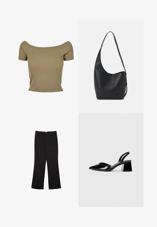 Oliven grøn ribbet kortærmet top med off-the-shoulder design og tætsiddende silhuet, der har en glat tekstur og rene kanter.; Sorte bukser med lige pasform, der har frontlommer og slidser i kanten. Lavet af blødt, glat stof. Velegnet til forskellige anledninger.; Sorte patentlæder slingback hæle med spids tå og en geometrisk blok hæl. Har et elegant, minimalistisk design og en glat tekstur.; Sort læder hobo taske med en glat overflade, buet form og en enkelt justerbar rem; har en bred åbning øverst.