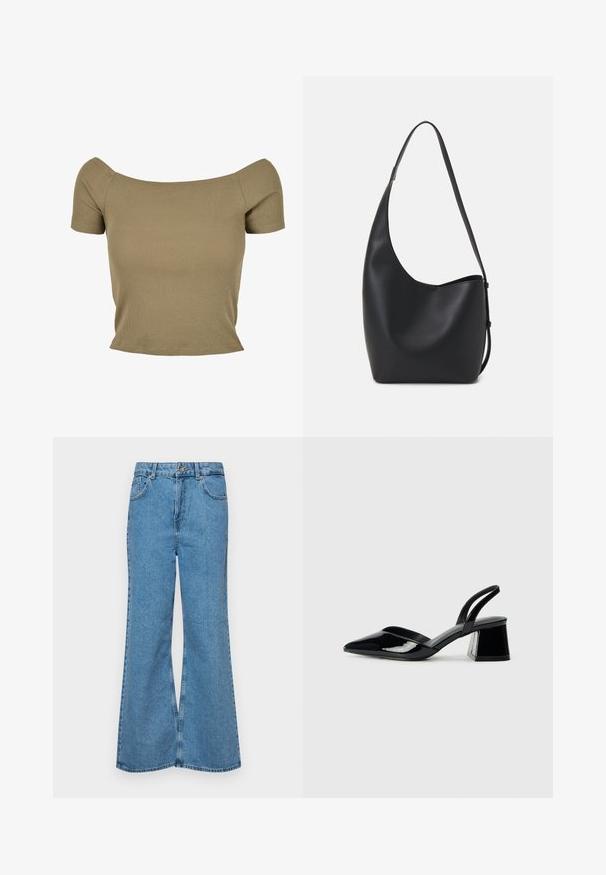 Oliivroheline sooniline lühikeste varrukatega topp, millel on õlavarrest vaba disain ja liibuv siluett, sujuva tekstuuri ja puhaste servadega.; Heledad sinine flared teksade rõivad, millel on kõrge talje, viis taskut ja üks nupulukk. Pehme tekstuur ja pleekinud viimistlus.; Mustad musta lakknahk kingad, millel on terav varvas ja geomeetriline plokkkonts. Omab elegantselt minimalistlikku disaini ja sujuvat tekstuuri.; Mustast nahast hobo kott, millel on sile tekstuur, kumer kuju ja üks reguleeritav rihm; peal on lai avaus.