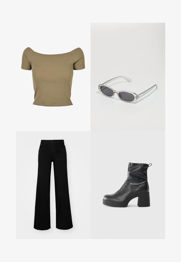 Alyvmedžio žalios spalvos juostelėta trumpa rankovė viršūnė su pečių nuleidimo dizainu ir prigludusiu siluetu, pasižyminti lygiu paviršiumi ir švariais kraštais.; Juodos plačios kelnės iš denimo, turinčios struktūruotą juosmenį, diržo kilpas ir priekines kišenes. Lygus paviršius su klasikinio dizaino elementais.; Juodos kulkšninių botai, pagaminti iš lygaus odos, su šoniniu užtrauktuku, masyviu tekstūruotu kulnu ir apvaliu pirštu.; Akiniai nuo saulės ovalo formos, su skaidriu plastiko rėmu, tamsiai pilkais objektyvais ir plonomis skaidriomis šakėmis, dekoruotais logotipų akcentais ir minimaliais detalėmis.