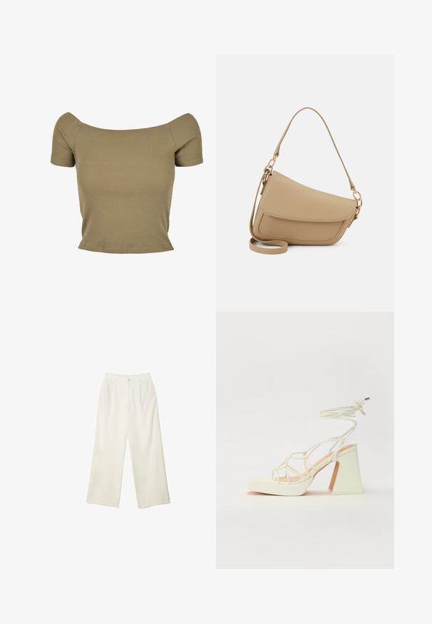 Olivovo zelený rebrovaný top s krátkym rukávom, s dizajnom bez ramienok a priliehavým strihom, ktorý sa vyznačuje hladkou textúrou a čistými okrajmi.; Široké nohavice z krémovej látky s hladkou textúrou, s jedným predným gombíkom, jemnými skladmi a vysokým pásom.; Biele sandále na vysokom opätku s hrubým podpätkom, s pruhovaným dizajnom a viazaním na členku. Hladký povrch s platformou vpredu pre zvýšenú výšku.; Even&Odd Kabelka - beige