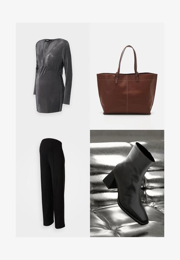 Juoda ir sidabrinė juostuota nėščiųjų suknelė su V formos iškirpte, ilgomis rankovėmis ir imperijos juosmens linija, sukurta komfortui ir stiliui nėštumo metu.; Juodos, aukštu juosmeniu kelnės su tiesiu fasonu, turinčios lygų paviršių ir be matomų užsegimų, akcentuotos šoninių siūlių detalėmis.; Juodos kulkšnies botai, pagaminti iš blizgaus medžiagos, su kvadratine padu ir siauru kulnu, prieš blizgiai sidabrinį pūsto audinio foną.; Ruda odinės rankinės su dviem rankenomis, pasižymi kontrastingomis siūlėmis ir erdviu dizainu, tinkama kasdieniam naudojimui.; Sidabriniai lankelio formos auskarai su lygiu, blizgiu paviršiumi, išlenktos formos ir su užsegimu. Minimalistinio dizaino su moderniu apdaila.