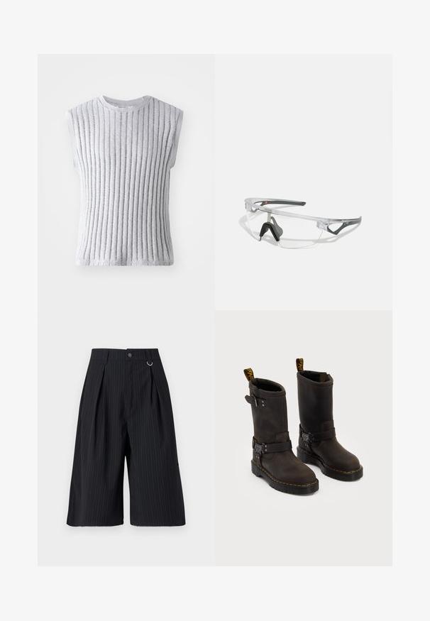 Sleeveless gray top with vertical ribbed texture, soft knit fabric, round neckline, and raw edges at the hem and armholes.; Black pinstripe shorts with pleats, a button closure, and a metal ring accent. Smooth fabric with a tailored fit and knee-length design.; Dark brown leather boots with a mid-calf design, yellow stitching, adjustable buckle straps, and pull tabs on the top. Textured finish.; Clear safety glasses with a lightweight, transparent frame and gray accents. Features a wraparound design and adjustable nosepiece.