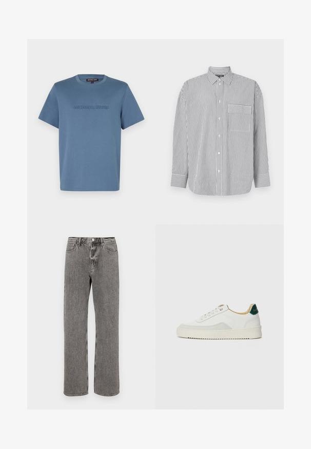 Vaaleansininen puuvillainen t-paita, jossa on pyöreä kaula-aukko ja lyhyet hihat. Edessä on kohotettu "MICHAEL KORS" -teksti samassa sävyssä.; Raitapaita musta-valkoisena, jossa on pitkät hihat, klassinen kaulus ja rintatasku vaaka-aitoilla.; Harmaat farkut, joissa on suora lahje, viisi taskua ja nappikiinnitys vyötäröllä. Hieman kulunut tekstuuri koko pitkän matkalta.; Valkoiset tennarit, joissa on nahkaosia, pyöreä kärki, tasaiset nauhat ja kermaisa kumi-pohja. Takana vihreä brändäys.