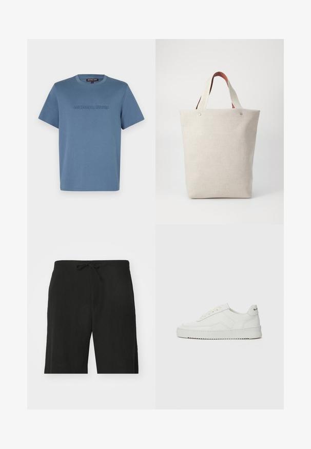 Lichtblauwe katoenen t-shirt met een rond decolleté en korte mouwen, met "MICHAEL KORS" in een bijpassende kleur op de voorkant gedrukt.; Zwarte linnen shorts met een drawstring taille, met een relaxte pasvorm en een knielengte ontwerp. Gladde textuur, simple en klassieke stijl.; Witte leren sneaker met een gladde afwerking, ronde neus, platte veters en een gestructureerde zool. Kenmerkt zich door een subtiel logo op de hiel.; Tasje van lichtbeige stof met een gestructureerde afwerking, voorzien van twee contrasterende bruine leren handgrepen en metalen accenten aan de bovenkant.