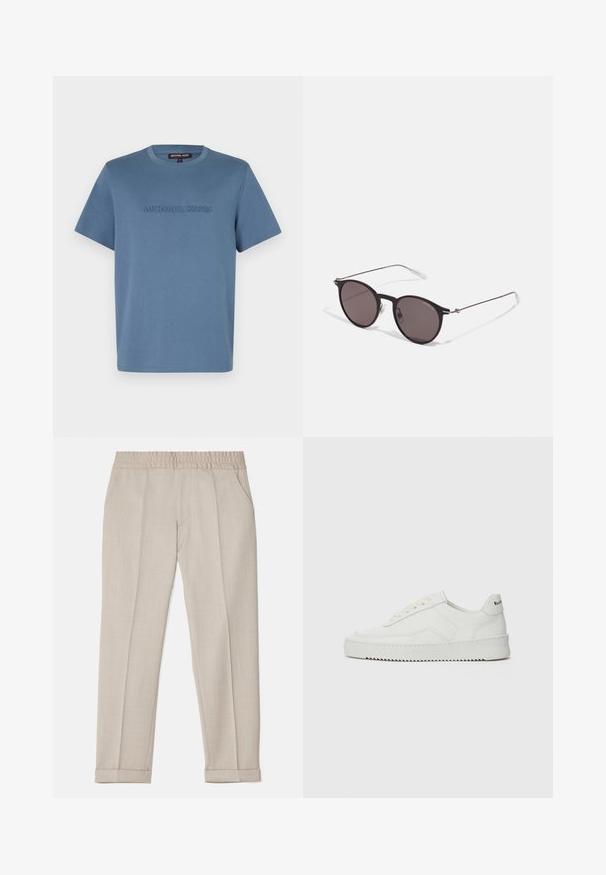 Světle modré bavlněné tričko s kulatým výstřihem a krátkými rukávy, s vyraženým nápisem "MICHAEL KORS" na přední straně ve stejné barvě.; Filippa K TERRY CROPPED TROUSERS - Kalhoty - sage melange; Bílé kožené tenisky s hladkým povrchem, kulatou špičkou, plochými tkaničkami a texturovanou podrážkou. Na patě se nachází nenápadné logo.; Černé kulaté sluneční brýle s tmavými skly a tenkými kovovými nohami. Obsahují průhledné koncovky nožiček a stříbrné akcenty na pantu. Minimalistický design.