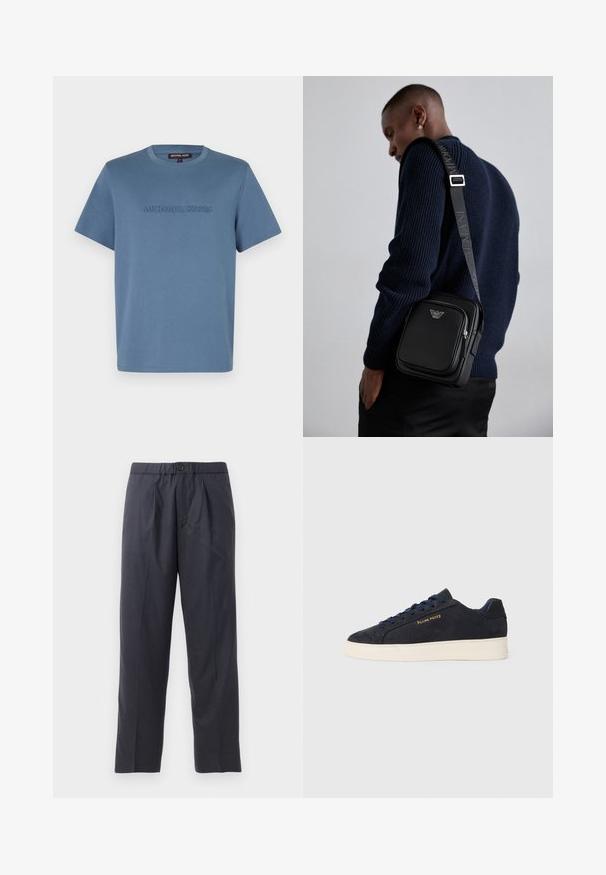 Világoskék pamut póló, kerek nyakkal és rövid ujjakkal, amelyen elöl, az azonos árnyalatban "MICHAEL KORS" felirat van domborítva.; Sötét tengerészkék nadrág, puha anyagból, plissézett elejű kialakítással és gumis derékkal. Gombos záródással és egyenes szárú szabással rendelkezik.; Sötétkék velúr, alacsony szárú teniszcipő fehér talppal, sötétkék fűzőkkel és arany színű "Filling Pieces" logóval az oldalán.; Fekete bőr keresztpántos táska cipzáras rekesszel, logó részlettel és márkázott állítható pánttal. Egy texturált tengerészkék pulóver mellett viselve.