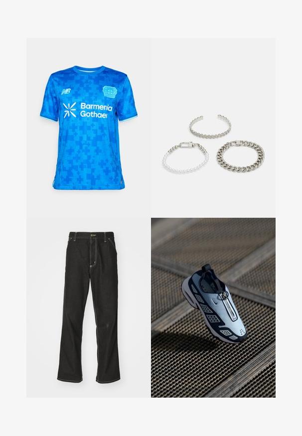 Blauw sportshirt met digitaal kruispatroon, New Balance-logo, Bayer Leverkusen-embleem en sponsortekst "Barmenia Gothaer" op de voorkant.; Zwarte denim jeans met een losse pasvorm, voorzien van contrasterende witte stiksels, een knoopsluiting en een recht ontwerp.; Nike sneaker heeft een slip-on ontwerp met een lichtblauwe bovenkant, zwarte accenten en geperforeerde zijpanelen. Rond neus en gestructureerde zool.; Drie armbanden: een zilveren cuff met zigzag randen, een witte en zilveren kralenarmband, en een stevige metalen kettingarmband met een sluiting.