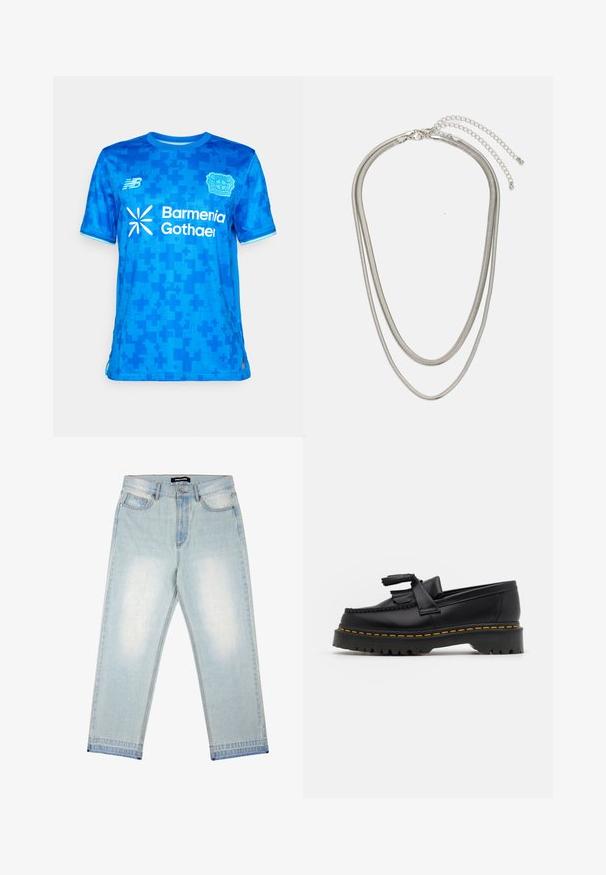 Blue sports jersey with digital cross pattern, New Balance logo, Bayer Leverkusen crest, and "Barmenia Gothaer" sponsor text on front.; Pegador BARROW - Loose Jeans - sand washed blue; Black leather loafer with a tasseled accent, featuring a chunky black sole and yellow stitching along the edge. Textured finish.; Three-layered silver metal necklace featuring sleek, flexible chains with a slight sheen, secured with a lobster clasp and adjustable chain.