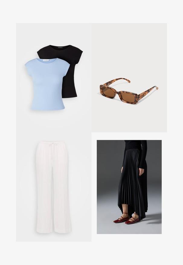 To t-skjorter som sitter godt: en lys blå og en svart. Begge har korte ermer, rund hals og strukturert tekstur. Merket er synlig.; Hvite vide bukser laget av lett stoff, med elastisk midje og snøring samt vertikale sømmer for tekstur.; Svart plissert skjørt med høy-lav hem, kombinert med glansfulle røde leilisser med stroppedesign. Stoffet har en jevn tekstur.; Skilpadde-solbriller med rektangulære brune linser, en tykk ramme og smale stenger som har et mønster av varierende nyanser av brunt.