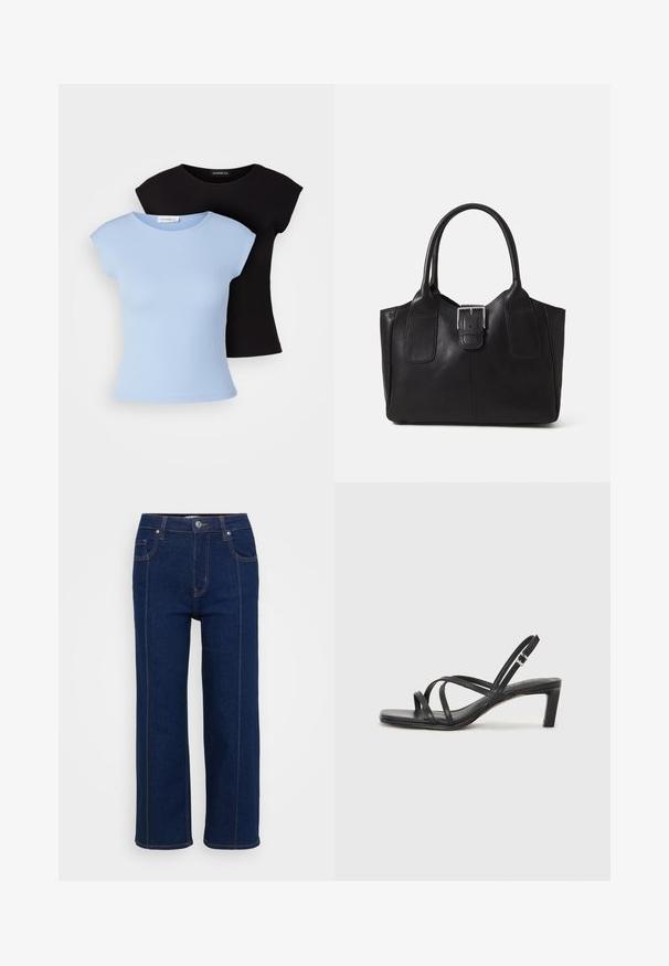 Duas t-shirts ajustadas: uma azul clara, outra preta. Ambas têm mangas curtas, um decote redondo e uma textura canelada. Etiqueta da marca visível.; Jeans de perna reta azul escuro com fecho de botão, bolsos frontais e traseiros e costura laranja visível ao longo das costuras.; Sandal de tiras pretas com biqueira quadrada e um pequeno salto bloco. Apresenta várias tiras finas e uma tira no tornozelo ajustável. Feito de couro liso.;  Bolsa tote de couro preta com textura suave, forma estruturada, duas alças e um destaque prateado proeminente na parte da frente.