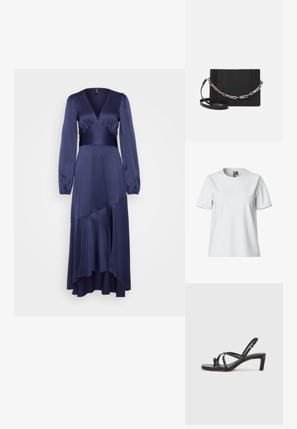 White short-sleeve t-shirt made from soft fabric, featuring a crew neckline and rolled cuffs, with a tag visible at the back.; Navy blue satin midi dress with long puff sleeves, a deep V-neck, and layered skirt design featuring a high-low hemline.; Black strappy sandal with a square toe and a low block heel. Features multiple thin straps and an adjustable ankle strap. Made of smooth leather.; Black leather crossbody bag featuring a smooth texture, rectangular shape, and a metallic chain detail on the front. Adjustable strap included.