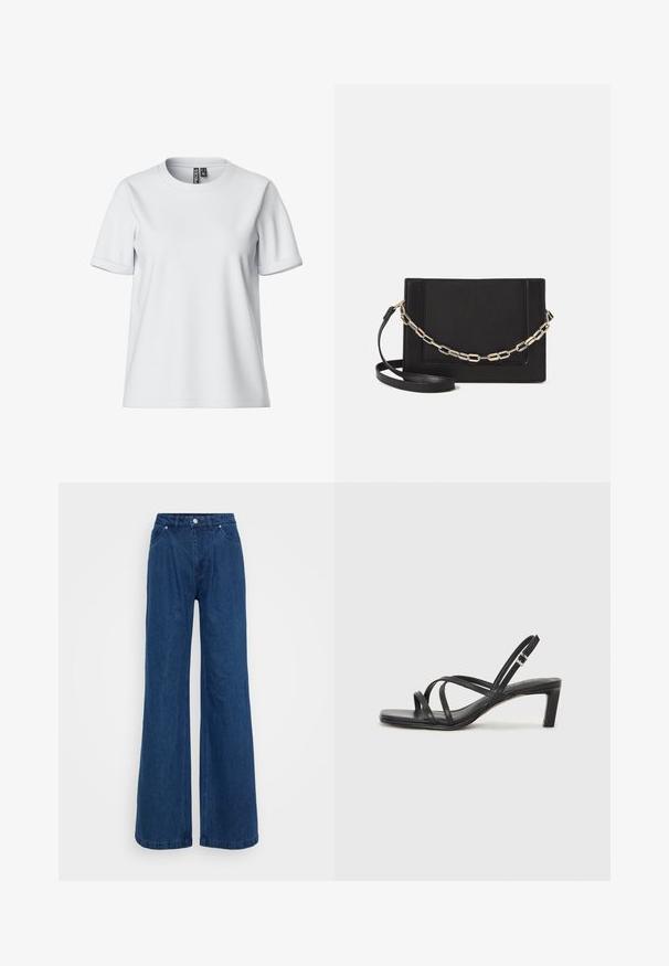 Baltas īsām piedurknēm T-krekls, izgatavots no mīkstas auduma, ar apaļu kakla izgriezumu un sarullētām piedurknēm, aizmugurē redzama birka.; Platas kājas zila denim bikses ar augstu jostasvietu, priekšējo pogu un slēgšanu ar rāvējslēdzēju, kā arī priekšējām un aizmugurējām kabatām uz vienkārša fona.; Melnas strappy sandales ar kvadrātveida purngaliem un zemu bloku papēdi. Ievērojamas ar vairākiem plāniem siksniņām un regulējamu potītes siksniņu. Izgatavotas no gludas ādas.; Melna ādas crossbody soma ar gludu faktūru, taisnstūrveida formu un metalizētu ķēdes detaļu priekšā. Iekļauta regulējama siksna.