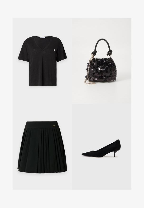 Mustas lyhythihainen t-paita v-kaula-aukolla. Valmistettu pehmeästä kankaasta, jossa on pieni brodeerattu yksityiskohta rinnassa. Kevyt rakenne.; Musta laskostettu hame, jossa sileä vyötärönauha ja sivuvetoketjusuljenta. Valmistettu pehmeästä kankaasta, jossa tarkasti muotoillut laskokset antavat ryhdikkään ilmeen.; Musta mokkanahkainen korkokenkä, jossa on teräväkärkinen muotoilu ja ohut, matala korko. Pintakuvio on sileä ja yksinkertainen, eikä siinä ole näkyvää metalliosaa.; Mustan paljetti-minilaukku, jossa on solmittu teksturoidu hihna ja hopeaketju. Pyöreä muoto, joissa on rypistetty yläosa ja heijastava yksityiskohta.