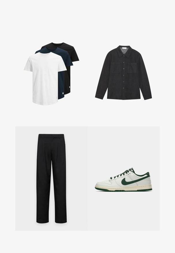 Tre kortærmede T-shirts i hvid, mørk navy og sort. Lavet af bomuld, med rund hals og lige kant. Simpelt design, ingen mønstre.; Mørkegrå skjorte lavet af tekstureret stof, med en spidse krave, knaplukning fortil og to brystlommer. Lange ærmer med knapmanchetter.; Sorte bukser lavet af glat stof, med et lige ben-design, to frontfolder og en standard talje med bæltestropper.; Hvide lavtop sneakers med mørkegrøn Nike swoosh, snørebånd og sål accenter, vist i profil på en ensfarvet hvid baggrund.