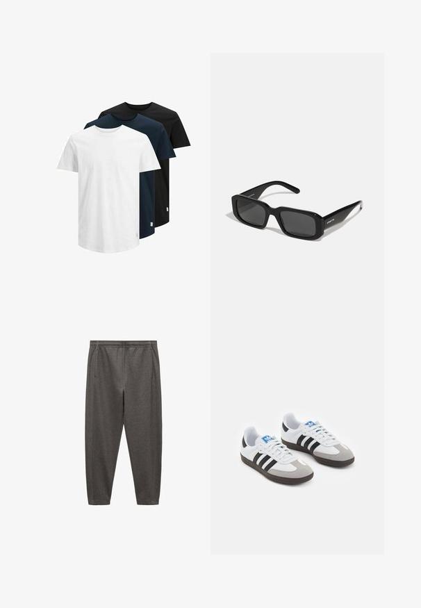 Drei kurzärmelige T-Shirts in Weiß, Dunkelblau und Schwarz. Hergestellt aus Baumwolle, mit Rundhalsausschnitt und geradem Saum. Einfaches Design, ohne Muster.; Graue Jogginghose aus weichem Stoff, mit einem elastischen Bund, seitlichen Taschen und einem schmal zulaufenden Bein.; Sportschuhe mit einem Obermaterial aus weißem Leder, grauer Wildleder-Zehenkappe und drei schwarzen Streifen. Sie verfügen über ein blaues Logo auf der Zunge und eine strukturierte Gummisohle.; Arnette THEKIDD UNISEX - Sonnenbrille - black