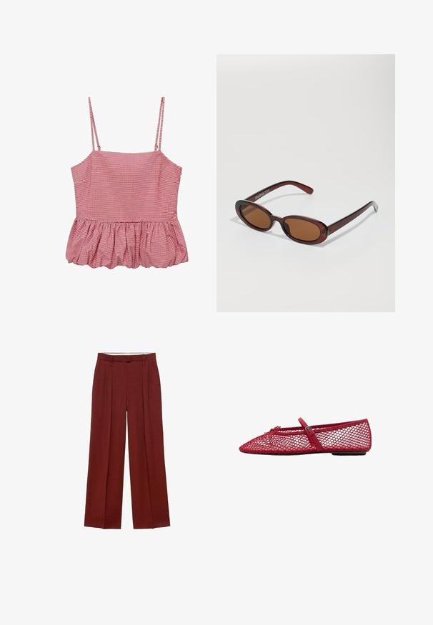 Rødt og hvidt ternet camisole med tynde stropper, et tætsiddende bordeaux og en volangkant. Fremstillet af letvægtsstof.; Bredder bukser i en dyb rød farve, med høj talje, læg foran og et glat, struktureret stof.; Røde mesh balletflade med spids tå, der har en tynd rem og spænde detalje. Overdelen har et åbent, honningkombinationsmønster.; Runde, bruntonede solbriller med en glansfuld bordeauxramme. Slanke arme med diskret brandingdetalje. Flad linsedesign.